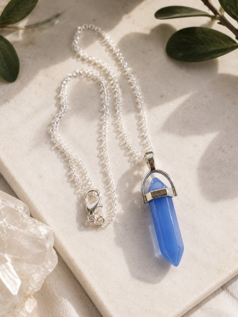 Blue Chalcedony Stone Crystal Bullet Point Pendant Necklace Silver Chain 24 inch